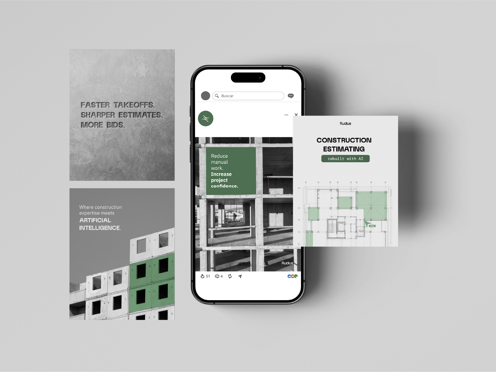 Rudus — social, mobile, and print mockups